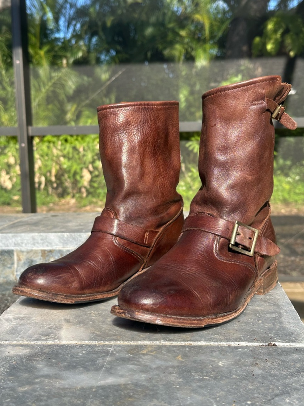 Vintage Shoe Co J24136 Chestnut Leather Riding Boot Slouch With 2 Buckles 7.5 M